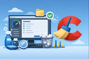 Ilustração do CCleaner para Windows mostrando limpeza e otimização do sistema
