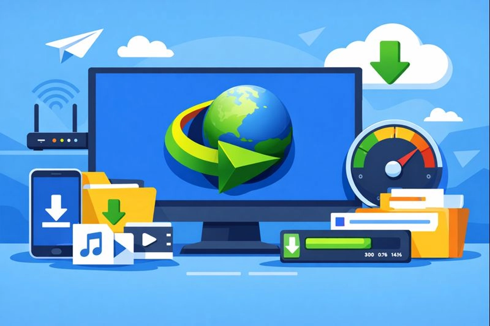 Interface ilustrada do Internet Download Manager para Windows com elementos de download e velocidade