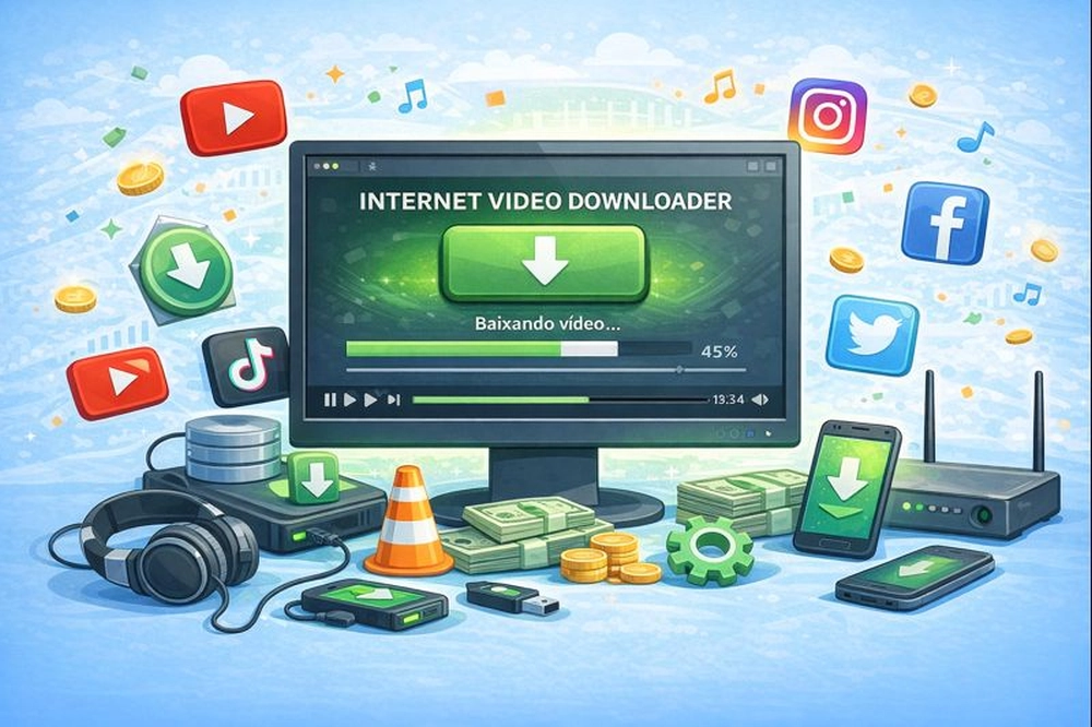 Ilustração do Internet Video Downloader com progresso de download e ícones de plataformas de mídia social