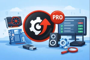 Ilustração do IObit Driver Booster Pro para Windows, destacando drivers e hardware