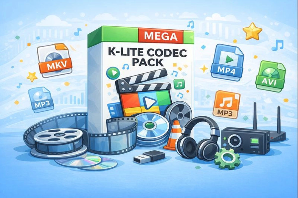 Ilustração do K-Lite Codec Pack Mega com ícones de arquivos de vídeo e áudio e equipamento multimídia
