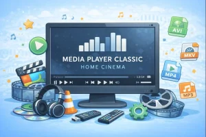 Ilustração do Media Player Classic Home Cinema com interface de reprodução e ícones de formatos de mídia