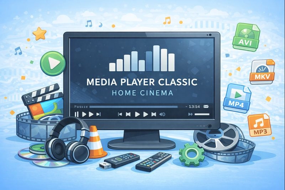 Ilustração do Media Player Classic Home Cinema com interface de reprodução e ícones de formatos de mídia