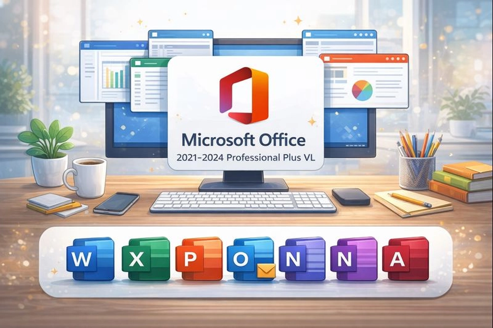 Ilustração digital mostrando o Microsoft Office 2021-2024 Professional Plus VL em um ambiente de escritório moderno, com o logo do Office e ícones dos principais aplicativos.