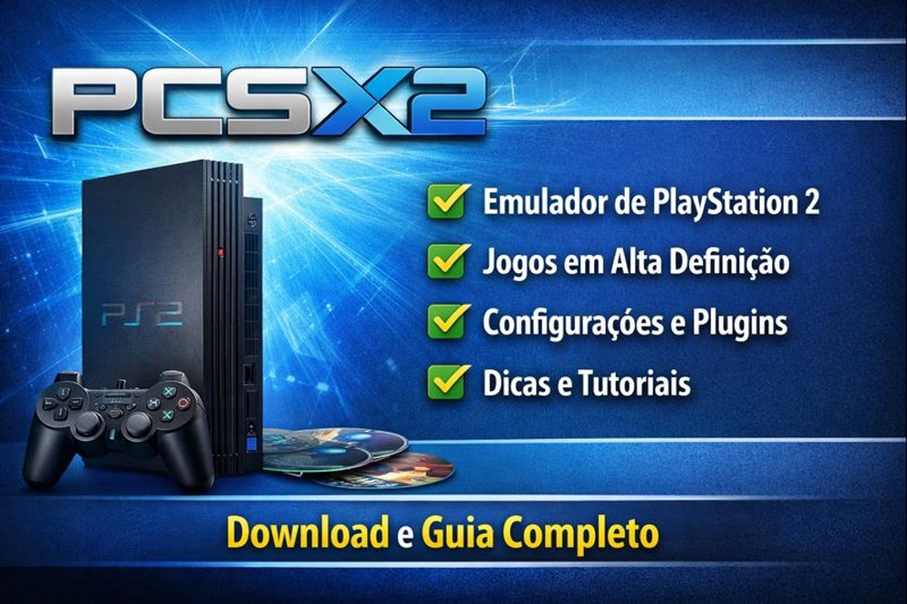 Emulador de PlayStation 2 PCSX2, com recursos para jogos em alta definição, plugins e tutoriais.
