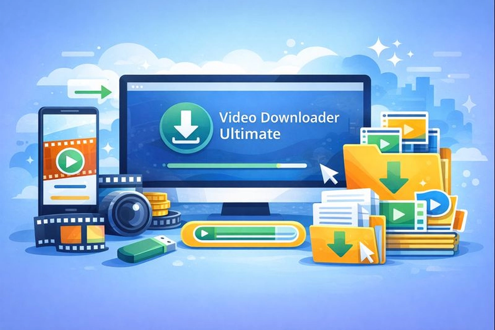 Ilustração do Video Downloader Ultimate para Windows com elementos de download de vídeos