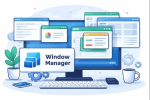 Imagem ilustrando o software WindowManager em um desktop com janelas organizadas de forma eficiente.