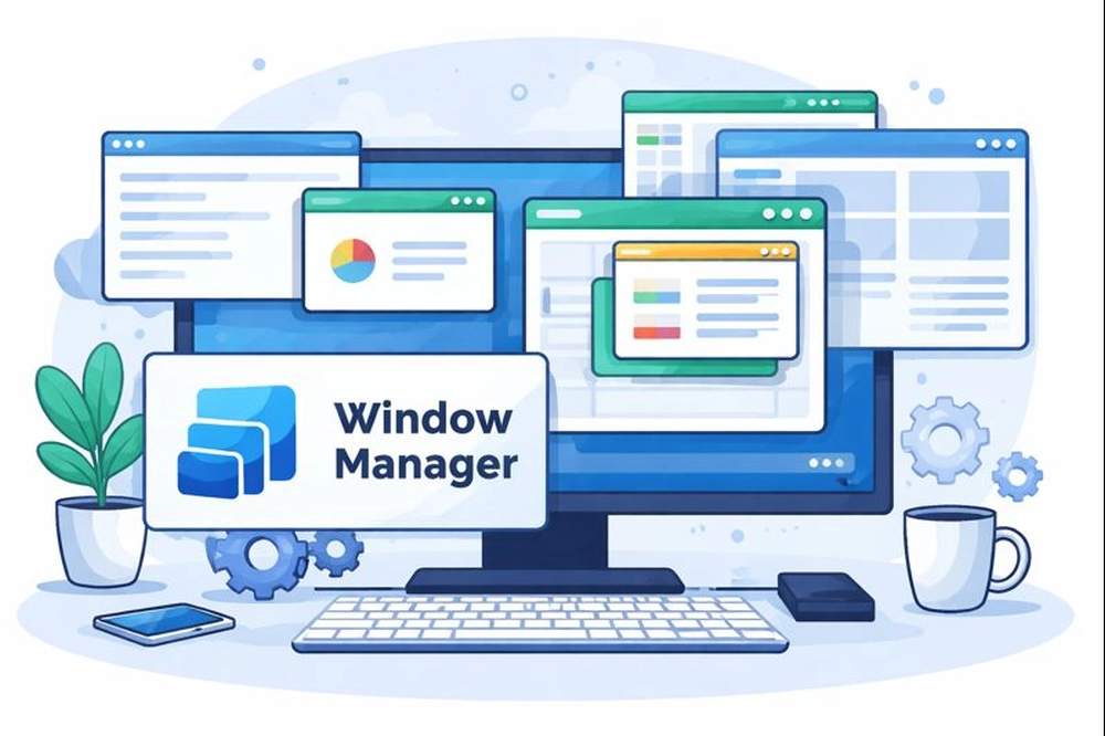 Imagem ilustrando o software WindowManager em um desktop com janelas organizadas de forma eficiente.