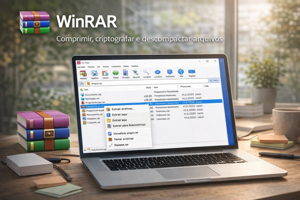 WinRAR em laptop aberto sobre mesa de escritório exibindo arquivos compactados em RAR e ZIP ao lado de pilhas de pastas coloridas