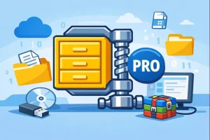 Ilustração do WinZip Pro para Windows com arquivos compactados e segurança