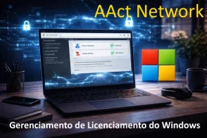AAct Network em notebook com interface de ativação de sistema e conexão digital segura ao fundo