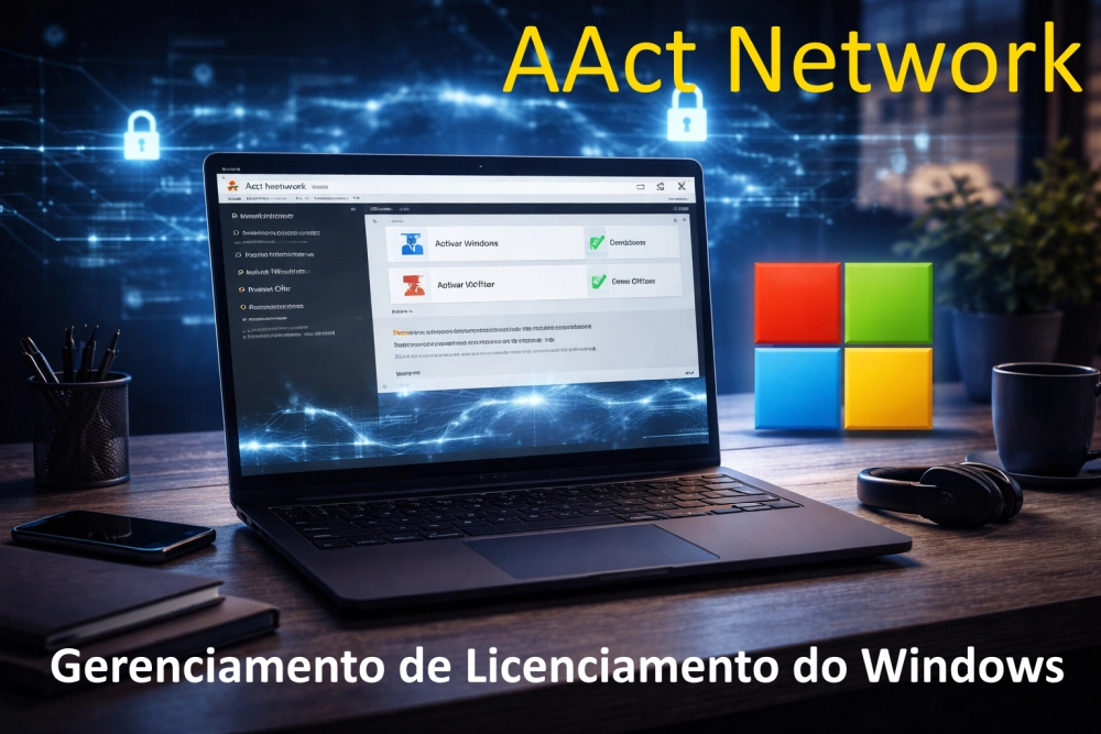 AAct Network em notebook com interface de ativação de sistema e conexão digital segura ao fundo