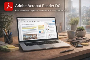 Adobe Acrobat Reader DC em laptop aberto sobre mesa de escritório com documento PDF em visualização e ferramentas de comentário visíveis na tela