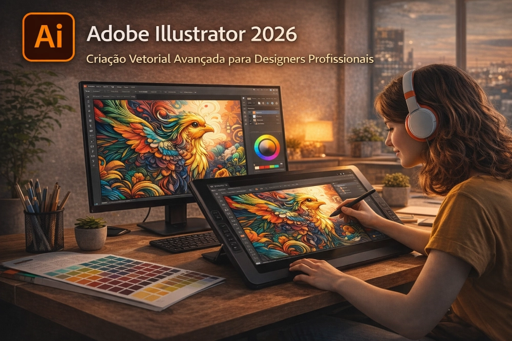 Adobe Illustrator 2026 em mesa de trabalho com monitor e mesa digitalizadora exibindo ilustração vetorial colorida em criação