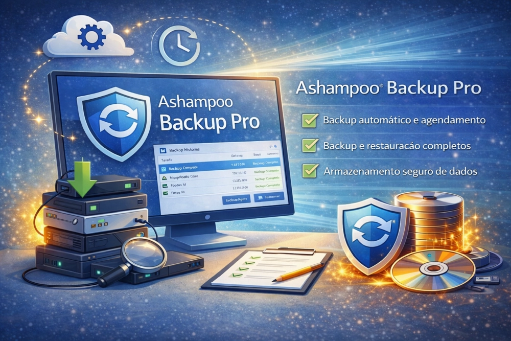 Ashampoo Backup Pro em computador com discos rígidos externos, escudo de proteção e ferramentas de backup de dados