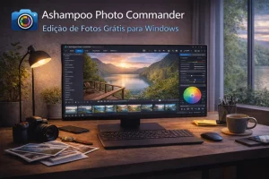 Ashampoo Photo Commander em monitor com interface de organização e edição de fotos em ambiente de trabalho moderno