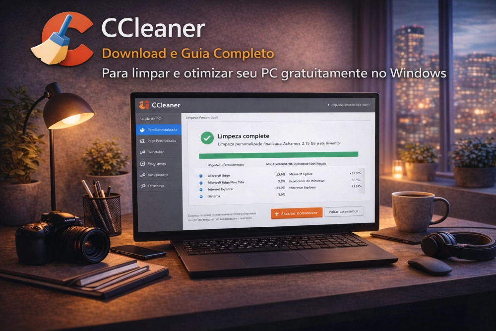 CCleaner em notebook com interface de limpeza do sistema e indicador de otimização de desempenho no Windows