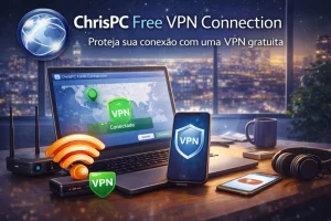 ChrisPC Free VPN Connection em laptop com mapa de conexão segura, smartphone com escudo VPN e roteador Wi-Fi iluminado