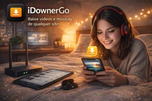 iDownerGo em smartphone com progresso de download de vídeo e dispositivo conectado à internet
