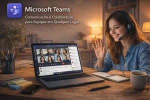 Microsoft Teams em laptop mostrando videoconferência com equipe reunida e chat lateral ativo em ambiente de home office