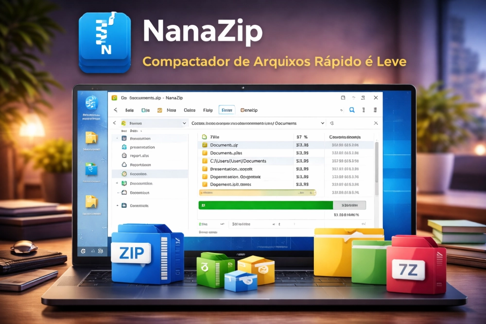 NanaZip aberto no Windows mostrando extração de arquivos compactados com interface moderna e lista de pastas organizada