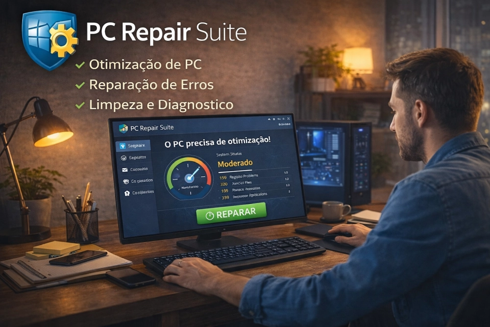 PC Repair Suite em computador Windows com painel de diagnóstico do sistema, escudo azul e engrenagem amarela representando otimização e reparo