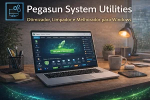 Pegasun System Utilities em laptop com painel de otimização do sistema e ícone oficial do aplicativo em destaque