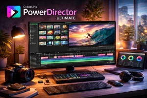 CyberLink PowerDirector Ultimate em computador com linha do tempo de edição de vídeo, efeitos visuais e pré-visualização em alta resolução