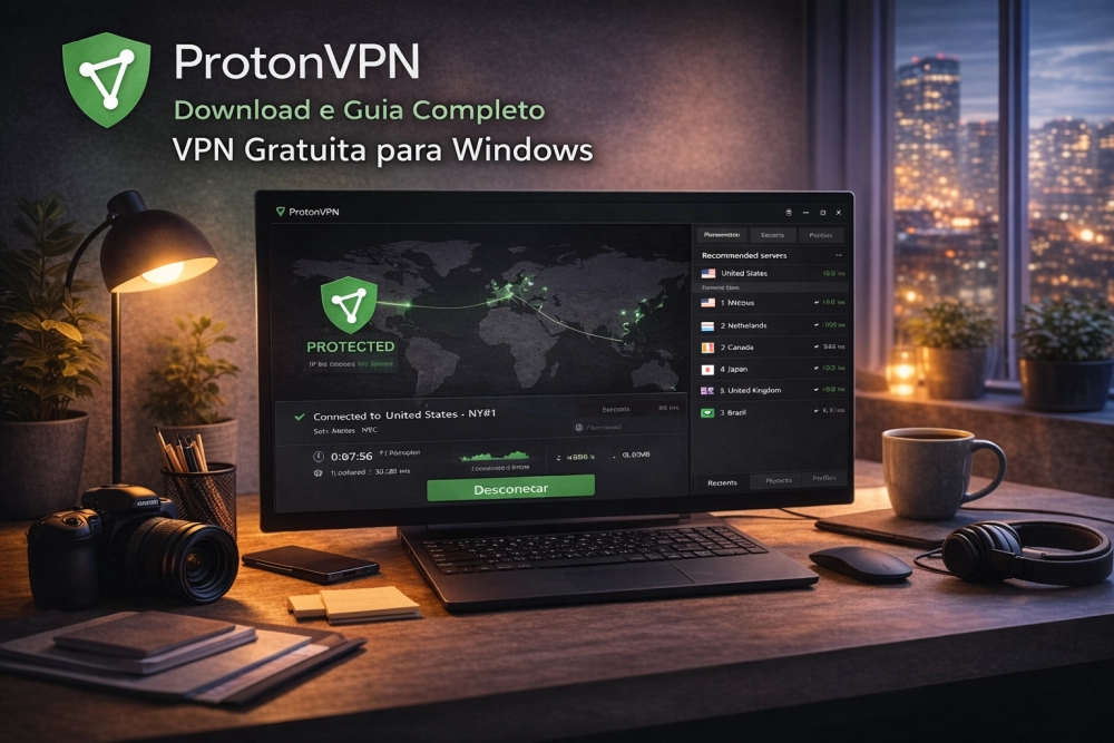 ProtonVPN em notebook com mapa global de conexão segura e status protegido ativo na tela