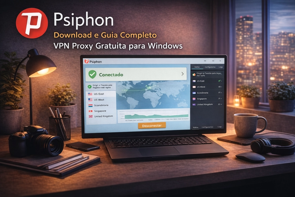 Psiphon em notebook com status conectado e lista de servidores proxy para navegação segura