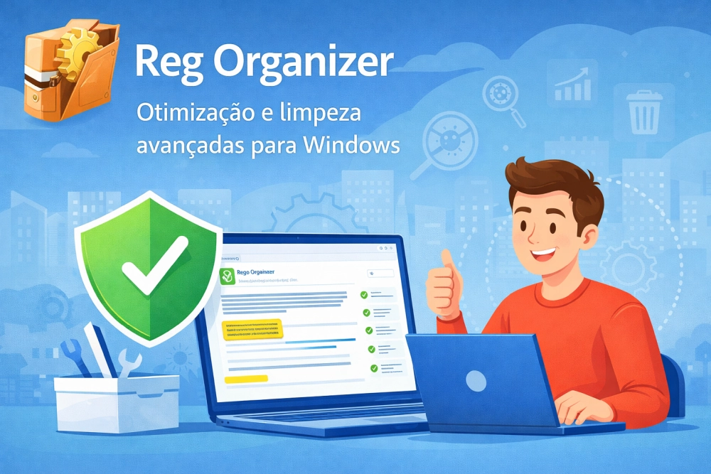 Reg Organizer em computador com interface de limpeza do registro, escudo de proteção e ícone oficial em destaque