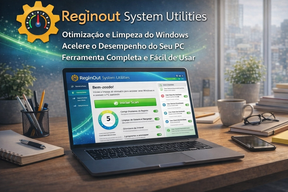 RegInOut System Utilities em laptop com painel de otimização do Windows, ícone oficial do aplicativo e ferramentas de limpeza de sistema