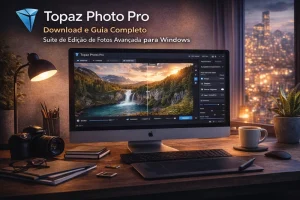 Topaz Photo Pro em computador com comparação de imagem antes e depois da edição com inteligência artificial