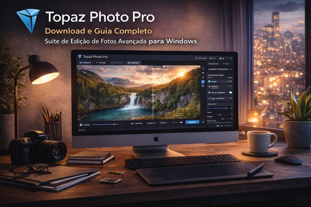 Topaz Photo Pro em computador com comparação de imagem antes e depois da edição com inteligência artificial