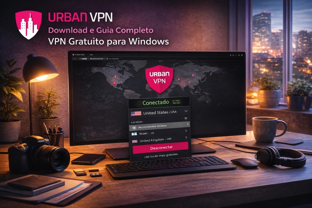 Urban VPN em computador com mapa global de conexão segura, escudo de proteção ativo e status conectado