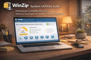 WinZip System Utilities Suite em laptop exibindo painel de otimização do PC com indicadores de desempenho e ferramentas de limpeza do sistema
