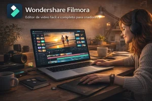 Wondershare Filmora em laptop com linha do tempo de edição, efeitos visuais e cena de vídeo de pôr do sol na tela