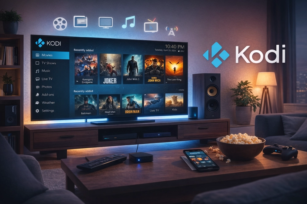 Kodi em execução na TV exibindo interface de media center com filmes séries e músicas no Windows