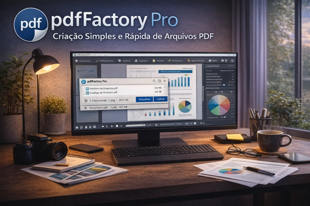 pdfFactory Pro em computador com criação de PDF ativa, documentos sendo convertidos e impressora virtual em funcionamento