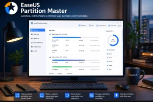 EaseUS Partition Master exibindo gerenciamento de partições, clonagem de disco e migração de sistema em computador Windows