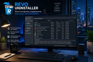 Revo Uninstaller em monitor com lista de programas instalados e ferramentas avançadas de desinstalação no Windows